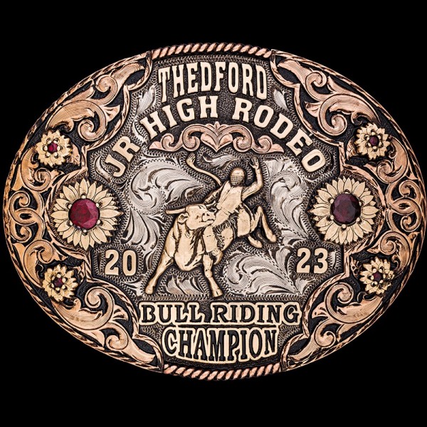 Our Homestead Custom Belt Buckle is made to show off!  Featuring with intrincate copper scrollworks and bronze sunflowers. Personalize this unique belt buckle design now!